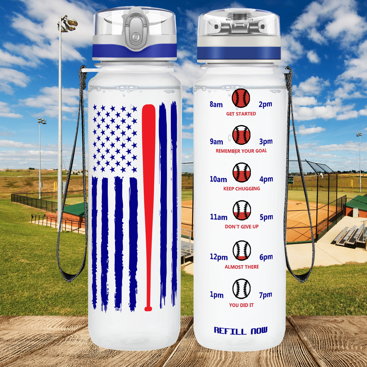 Personalized Distressed Baseball Flag on 32 oz Motivational Tracking Water Bottle