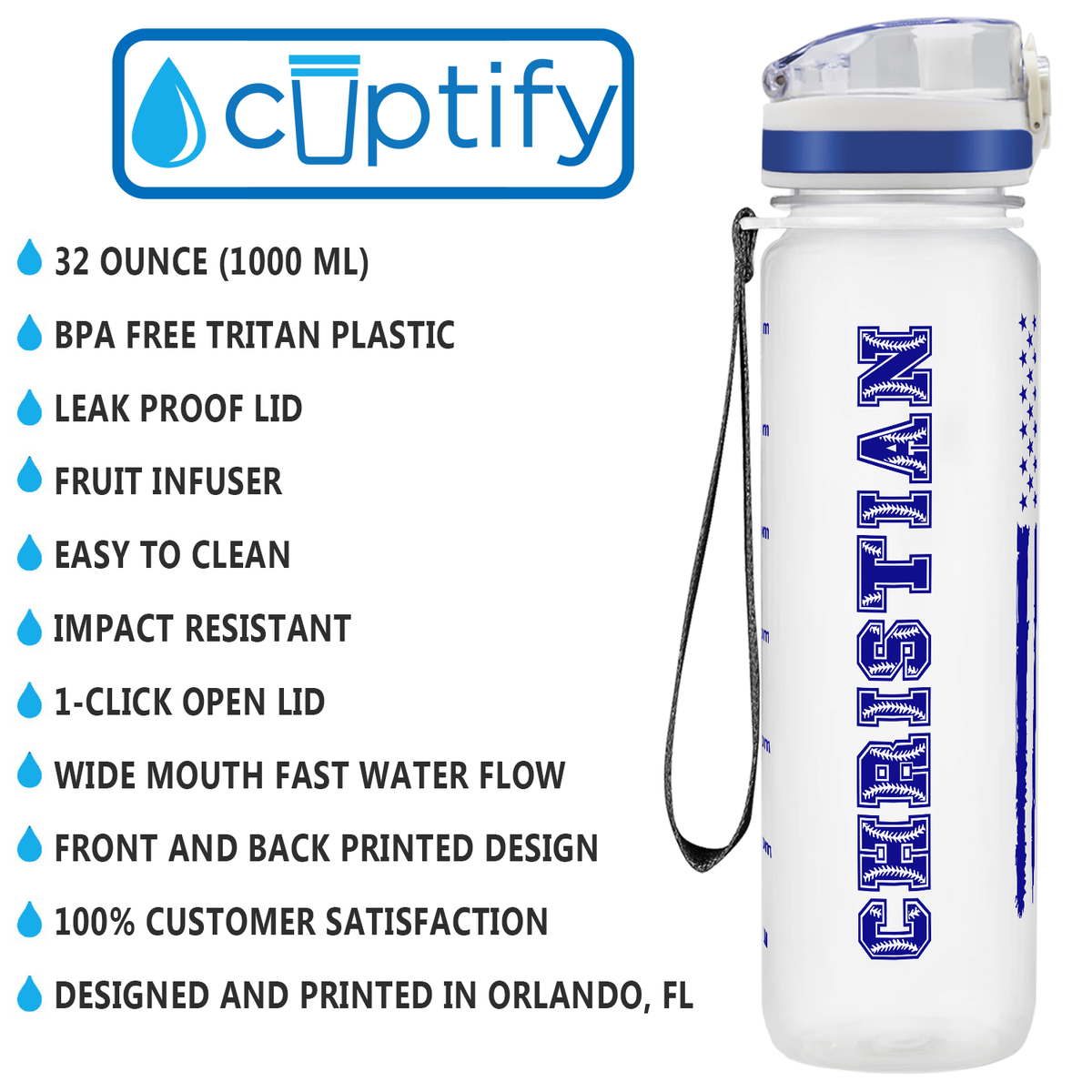 Personalized Distressed Baseball Flag on 32 oz Motivational Tracking Water Bottle