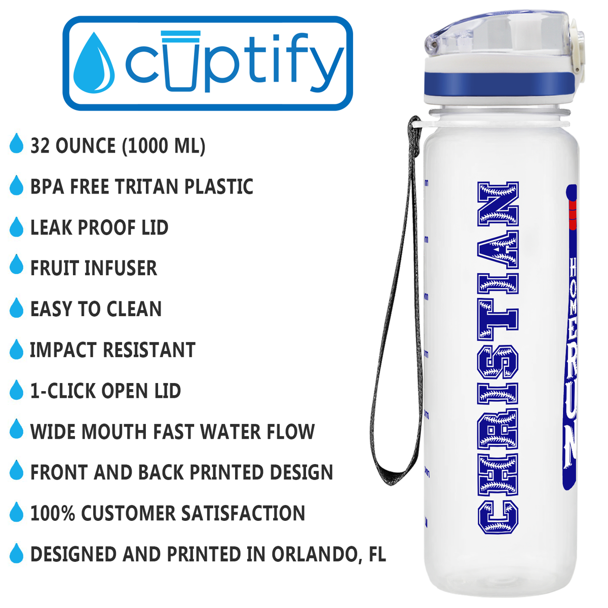 Personalized Baseball Bat Strike Out on 32 oz Motivational Tracking Water Bottle