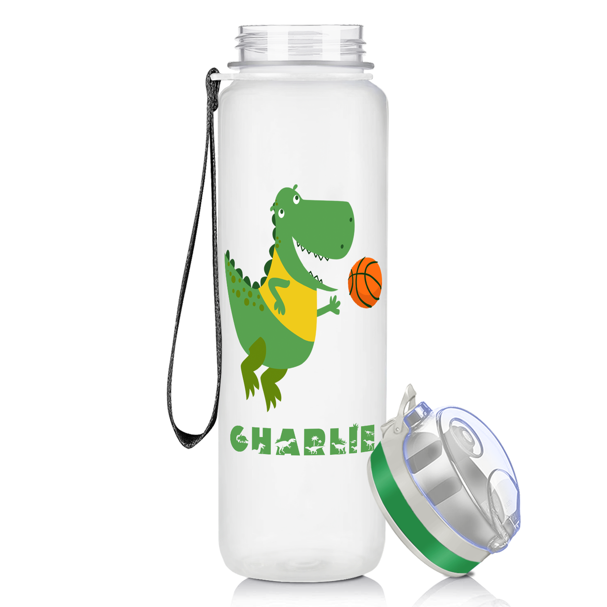 Personalized Basketball Green Dinosaur on 32 oz Motivational Tracking Water Bottle