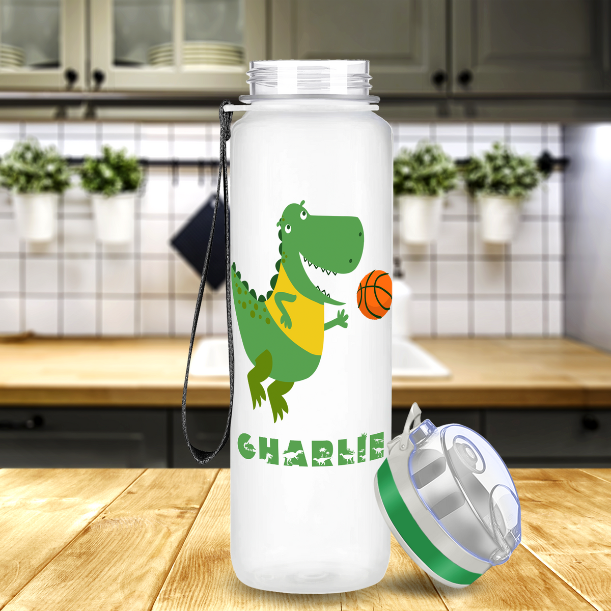 Personalized Basketball Green Dinosaur on 32 oz Motivational Tracking Water Bottle