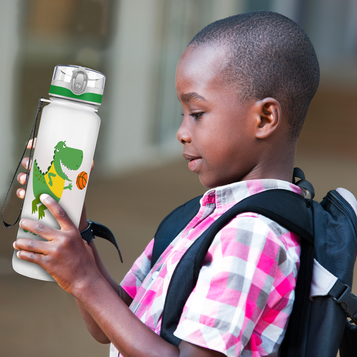 Personalized Basketball Green Dinosaur on 32 oz Motivational Tracking Water Bottle
