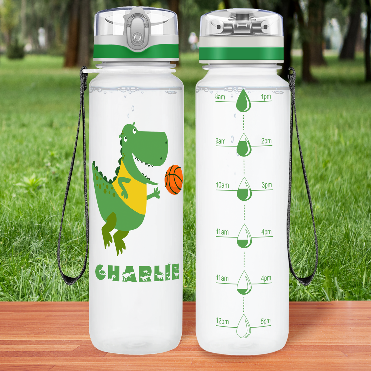 Personalized Basketball Green Dinosaur on 32 oz Motivational Tracking Water Bottle