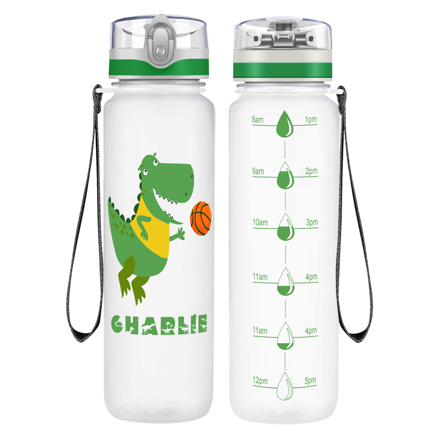 Personalized Basketball Green Dinosaur on 32 oz Motivational Tracking Water Bottle