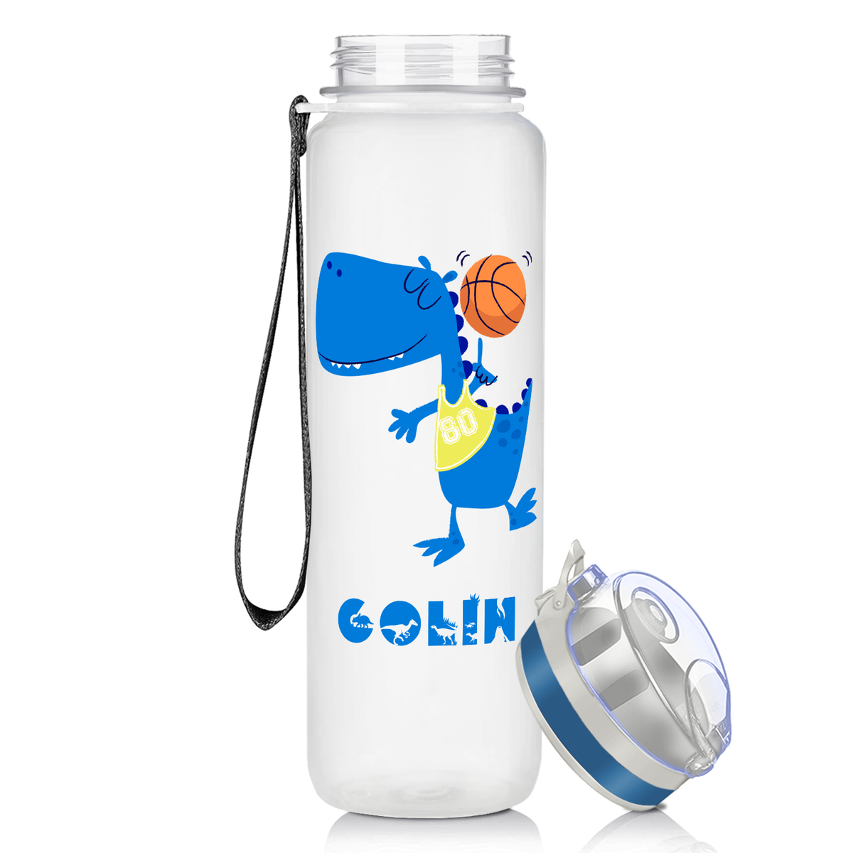 Personalized Basketball Blue Dinosaur on 32 oz Motivational Tracking Water Bottle