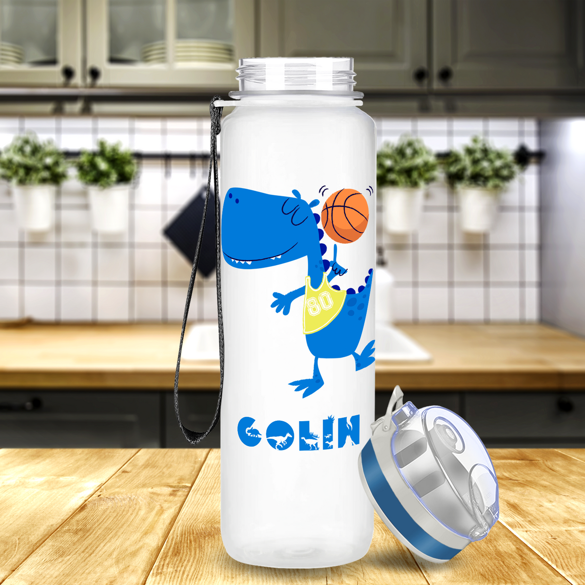 Personalized Basketball Blue Dinosaur on 32 oz Motivational Tracking Water Bottle