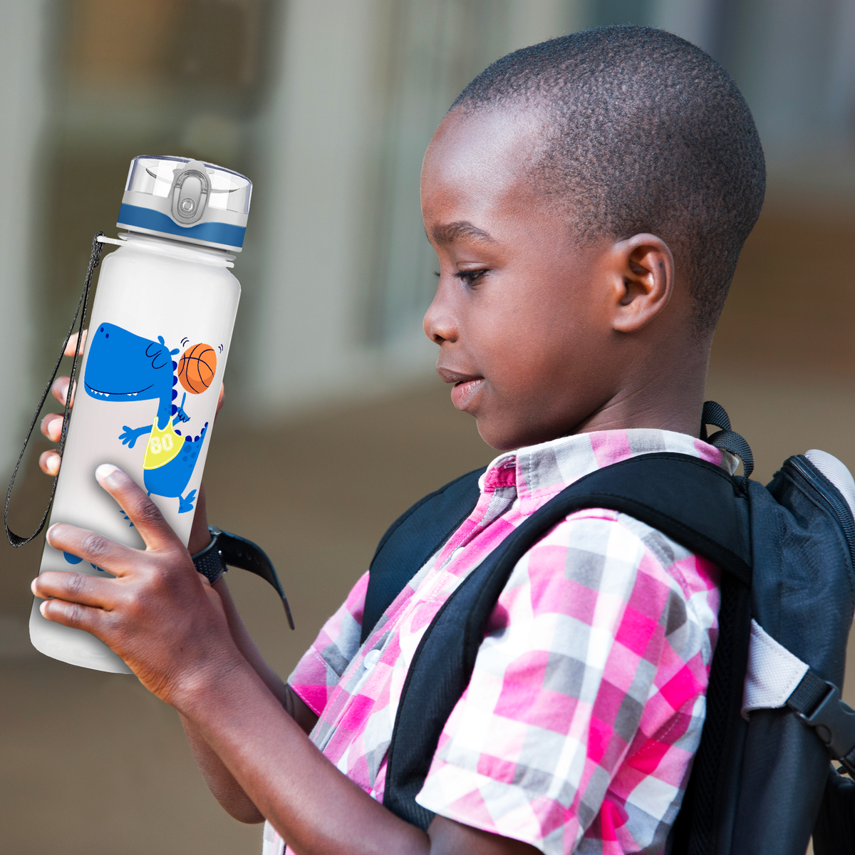 Personalized Basketball Blue Dinosaur on 32 oz Motivational Tracking Water Bottle