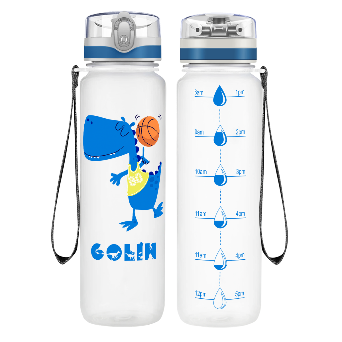 Personalized Basketball Blue Dinosaur on 32 oz Motivational Tracking Water Bottle