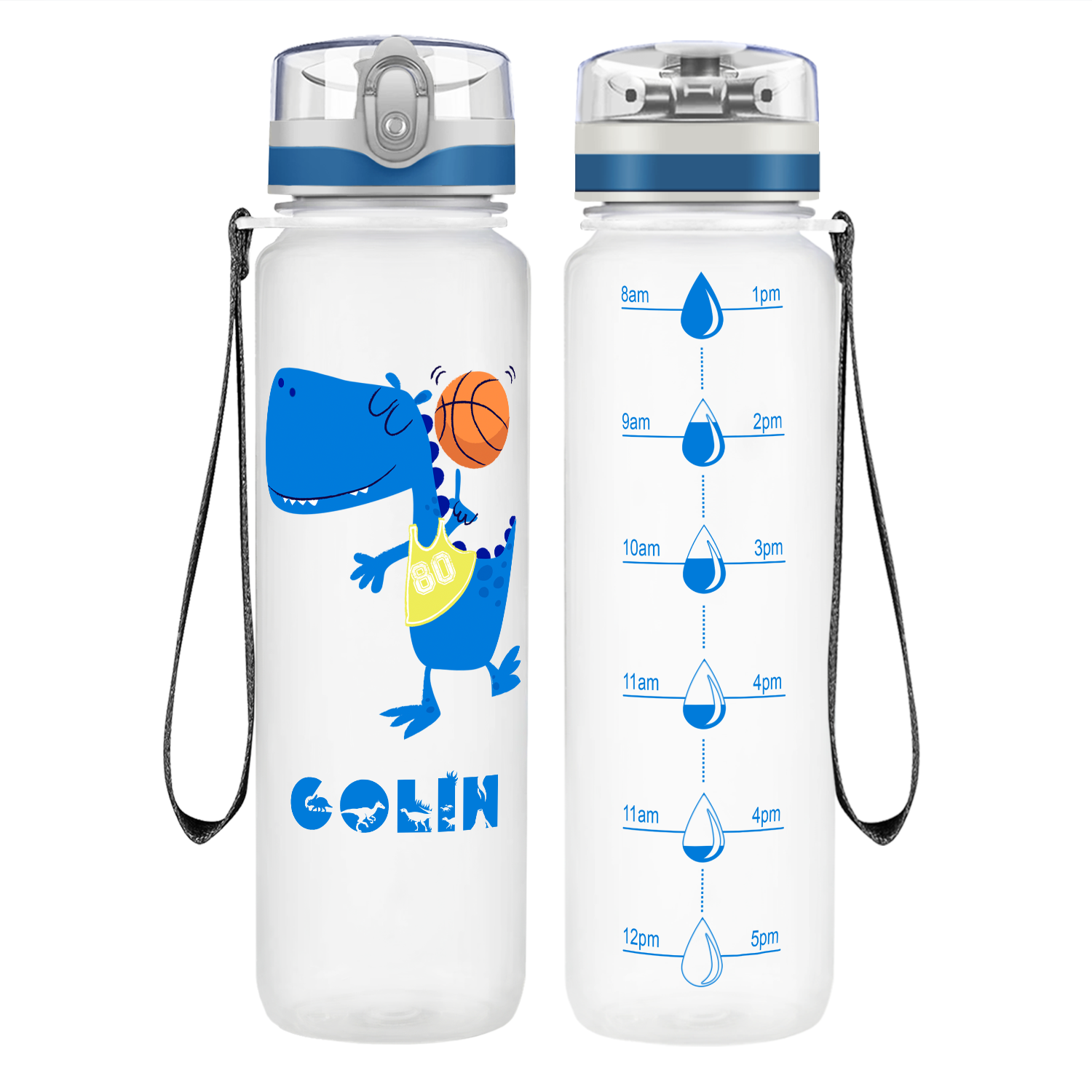 Personalized Basketball Blue Dinosaur on 32 oz Motivational Tracking Water Bottle
