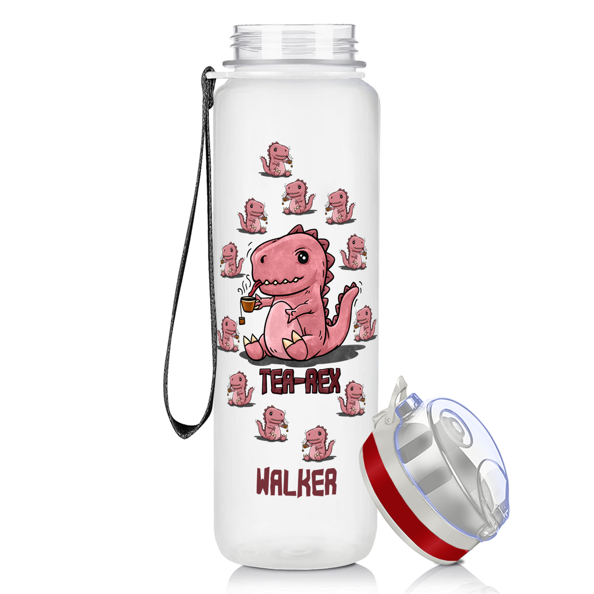 Personalized Tea-Rex Dinosaur on 32 oz Motivational Tracking Water Bottle