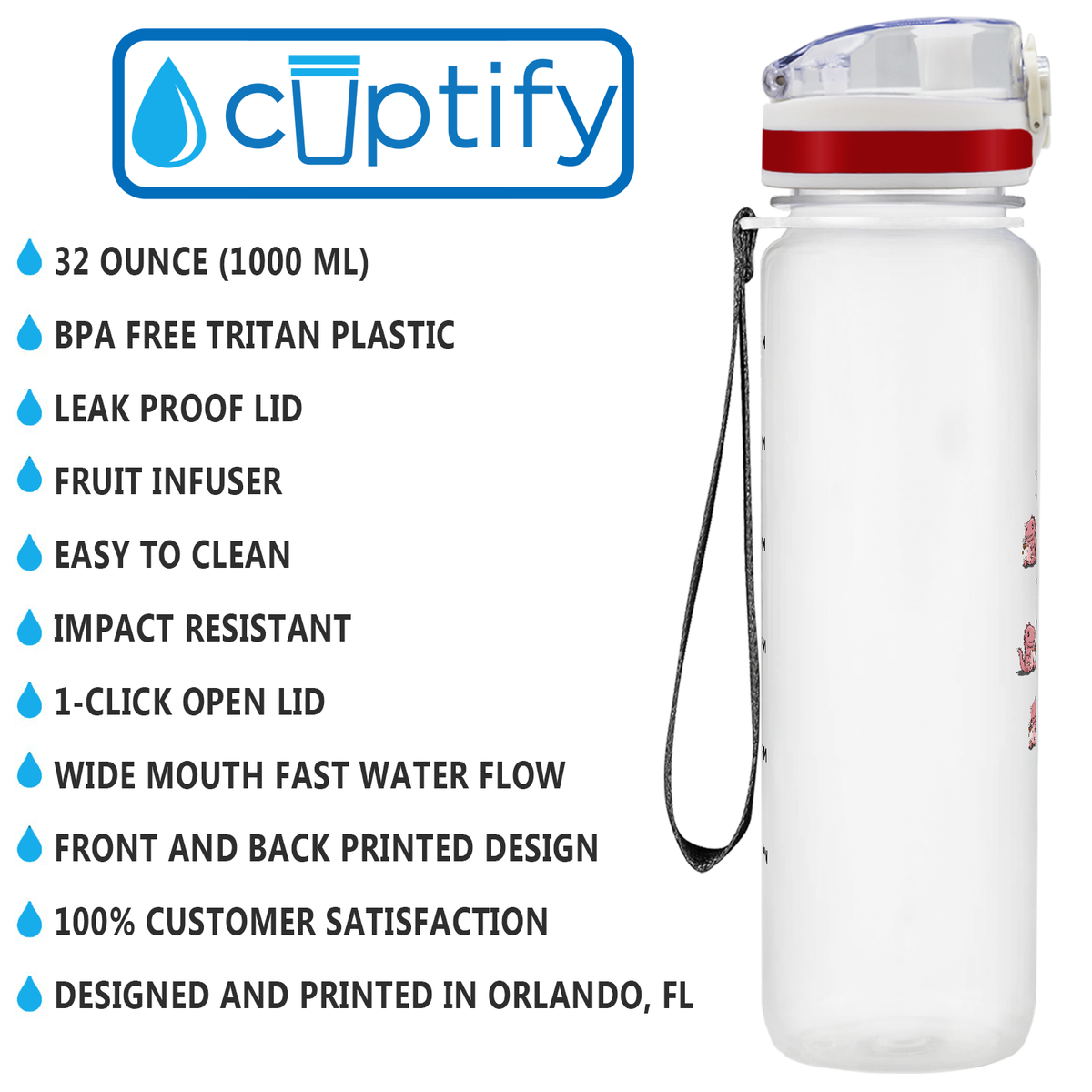 Personalized Tea-Rex Dinosaur on 32 oz Motivational Tracking Water Bottle