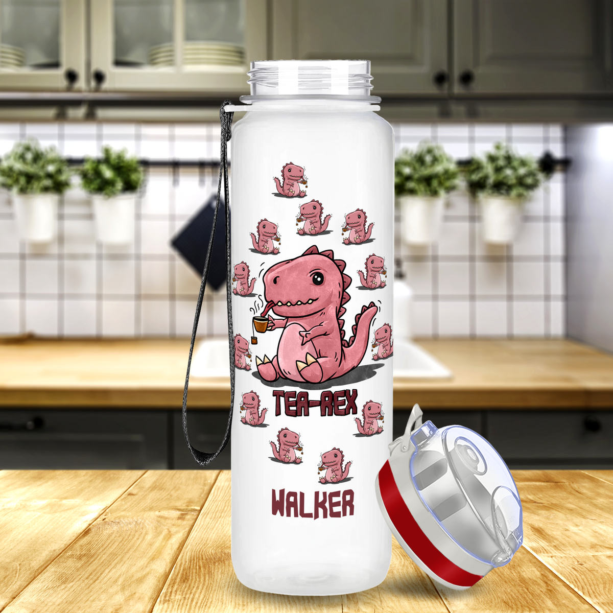 Personalized Tea-Rex Dinosaur on 32 oz Motivational Tracking Water Bottle