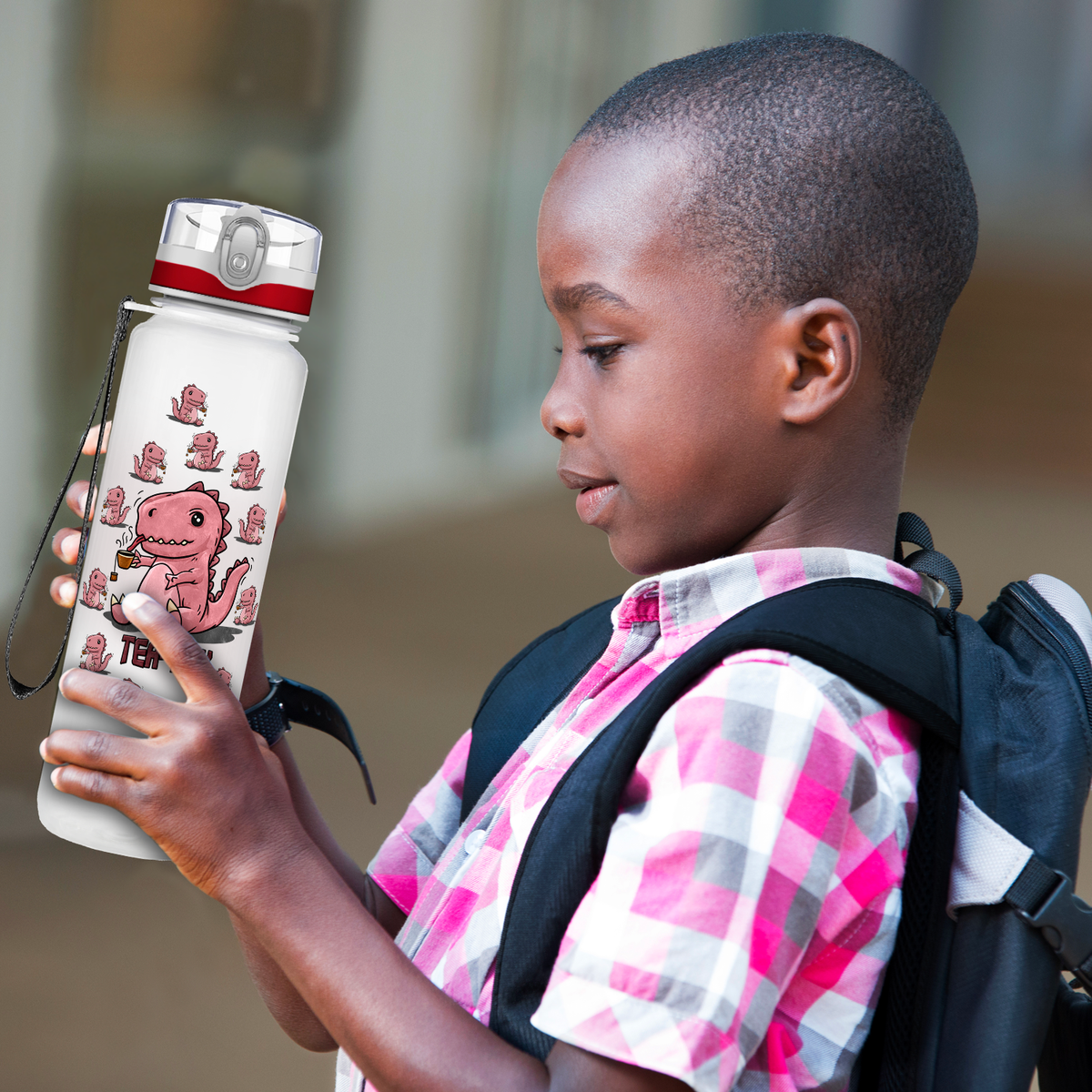 Personalized Tea-Rex Dinosaur on 32 oz Motivational Tracking Water Bottle