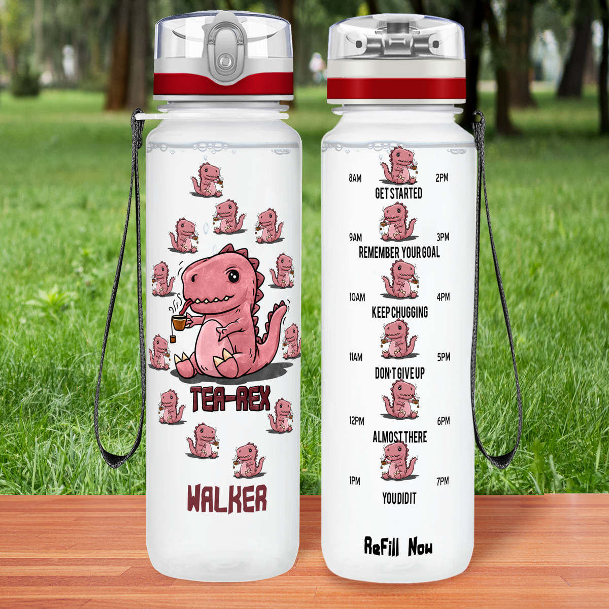 Personalized Tea-Rex Dinosaur on 32 oz Motivational Tracking Water Bottle
