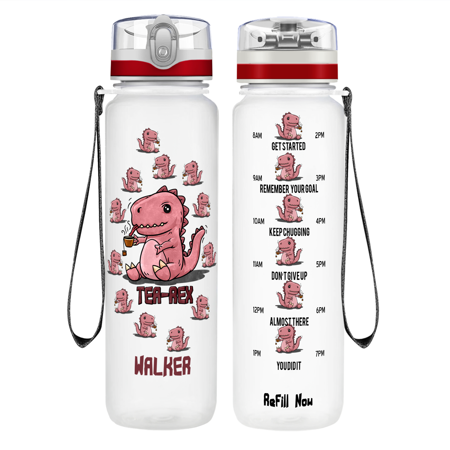 Personalized Tea-Rex Dinosaur on 32 oz Motivational Tracking Water Bottle