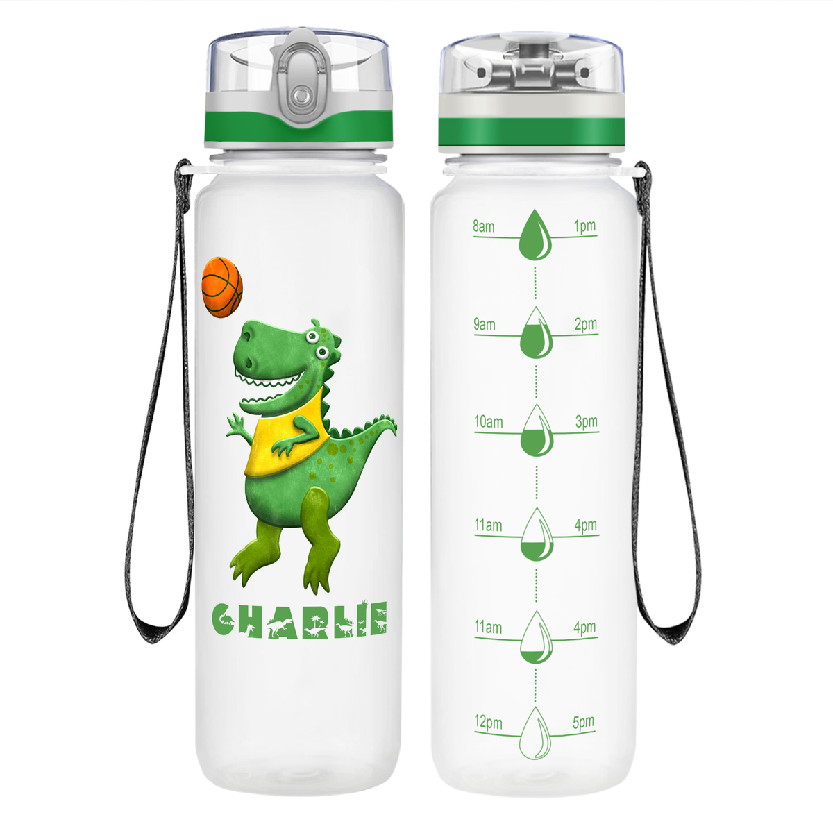 Personalized Green Dinosaur Playing Basketball on 32 oz Motivational Tracking Water Bottle
