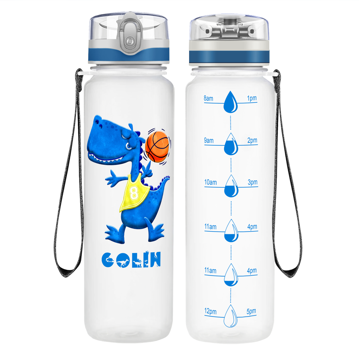 Personalized Blue Dinosaur Playing Basketball on 32 oz Motivational Tracking Water Bottle