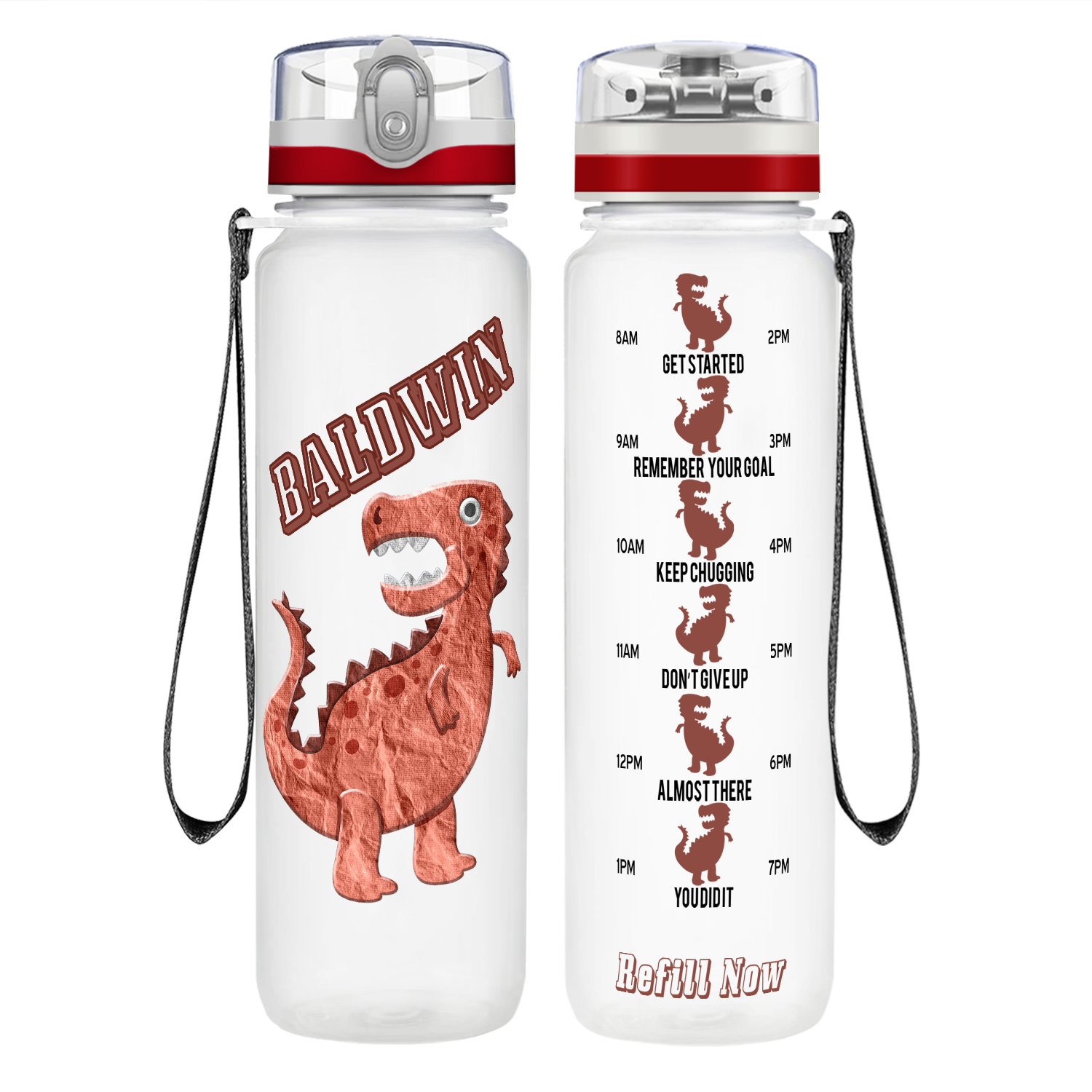 Personalized Red Dinosaur on 32 oz Motivational Tracking Water Bottle