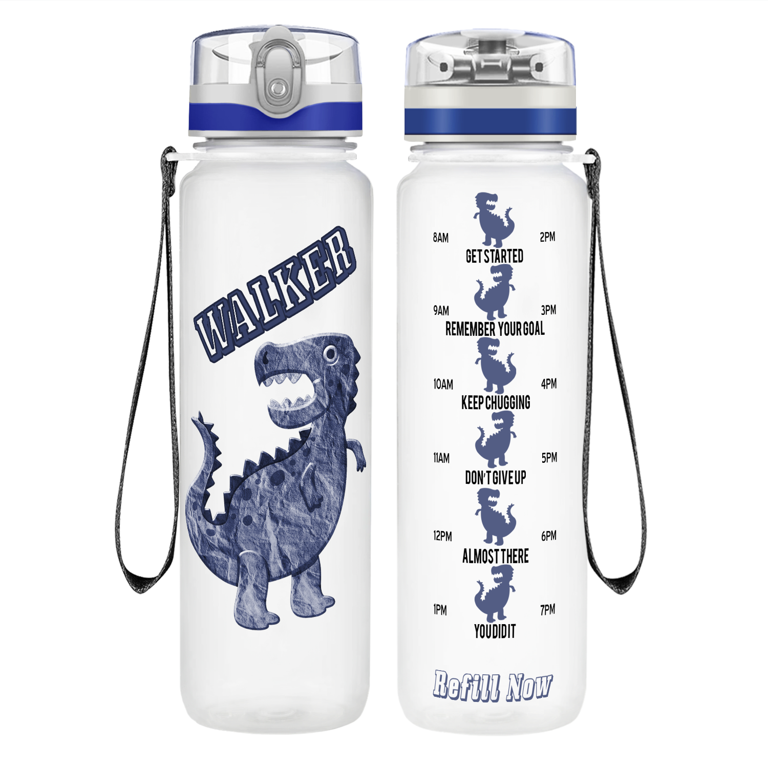 Personalized Blue Dinosaur on 32 oz Motivational Tracking Water Bottle