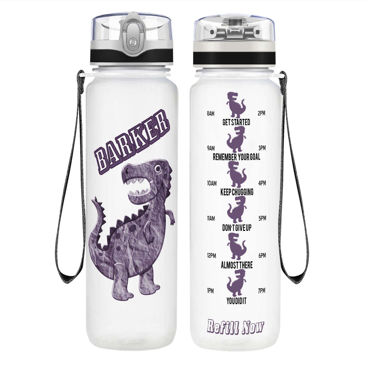 Personalized Violet Dinosaur on 32 oz Motivational Tracking Water Bottle