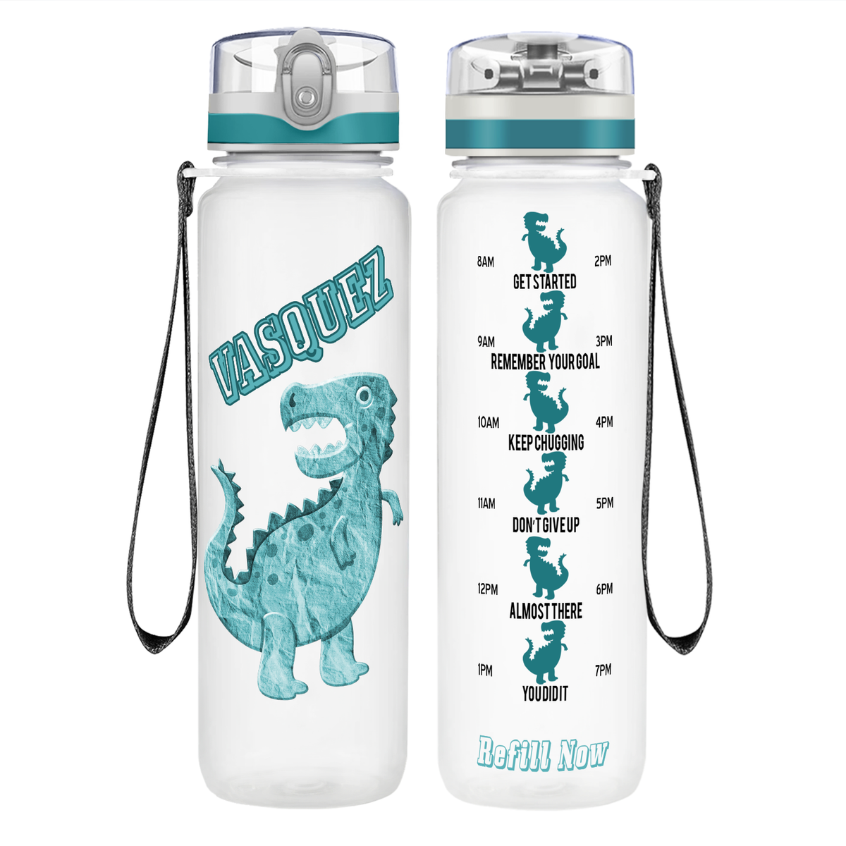 Personalized Teal Dinosaur on 32 oz Motivational Tracking Water Bottle