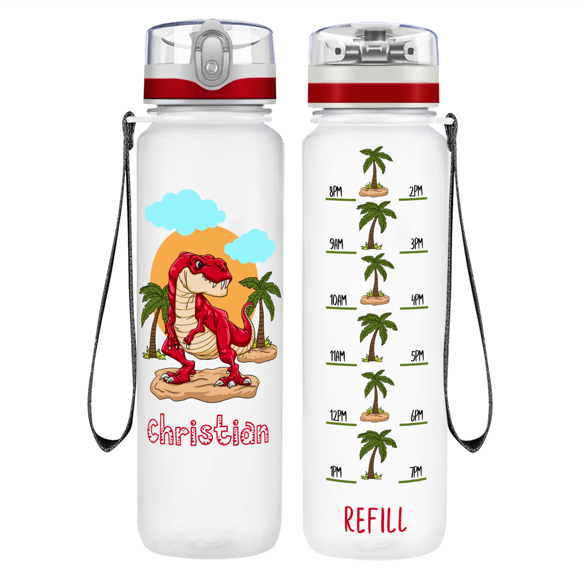 Personalized Red T-Rex on 32 oz Motivational Tracking Water Bottle