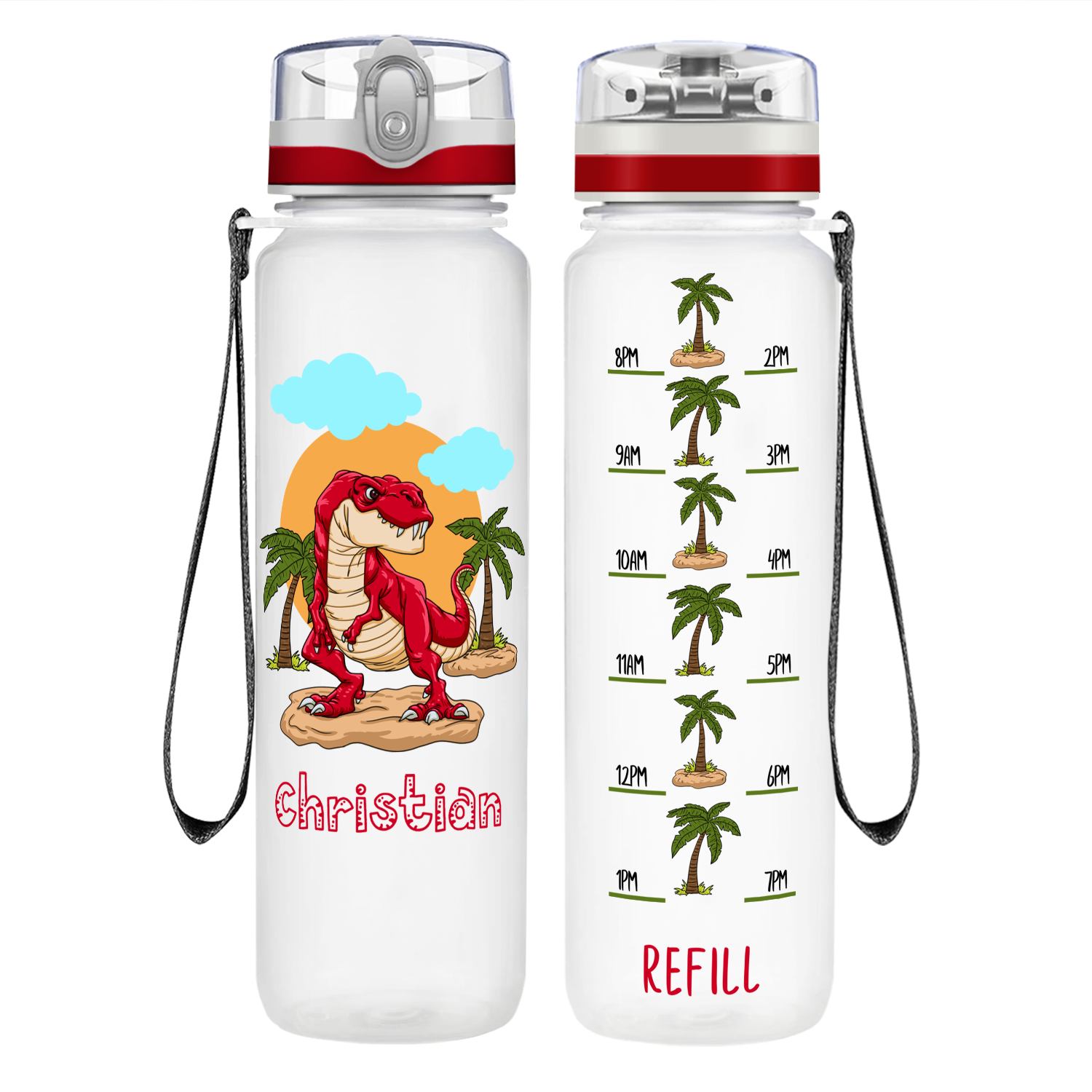 Personalized Red T-Rex on 32 oz Motivational Tracking Water Bottle