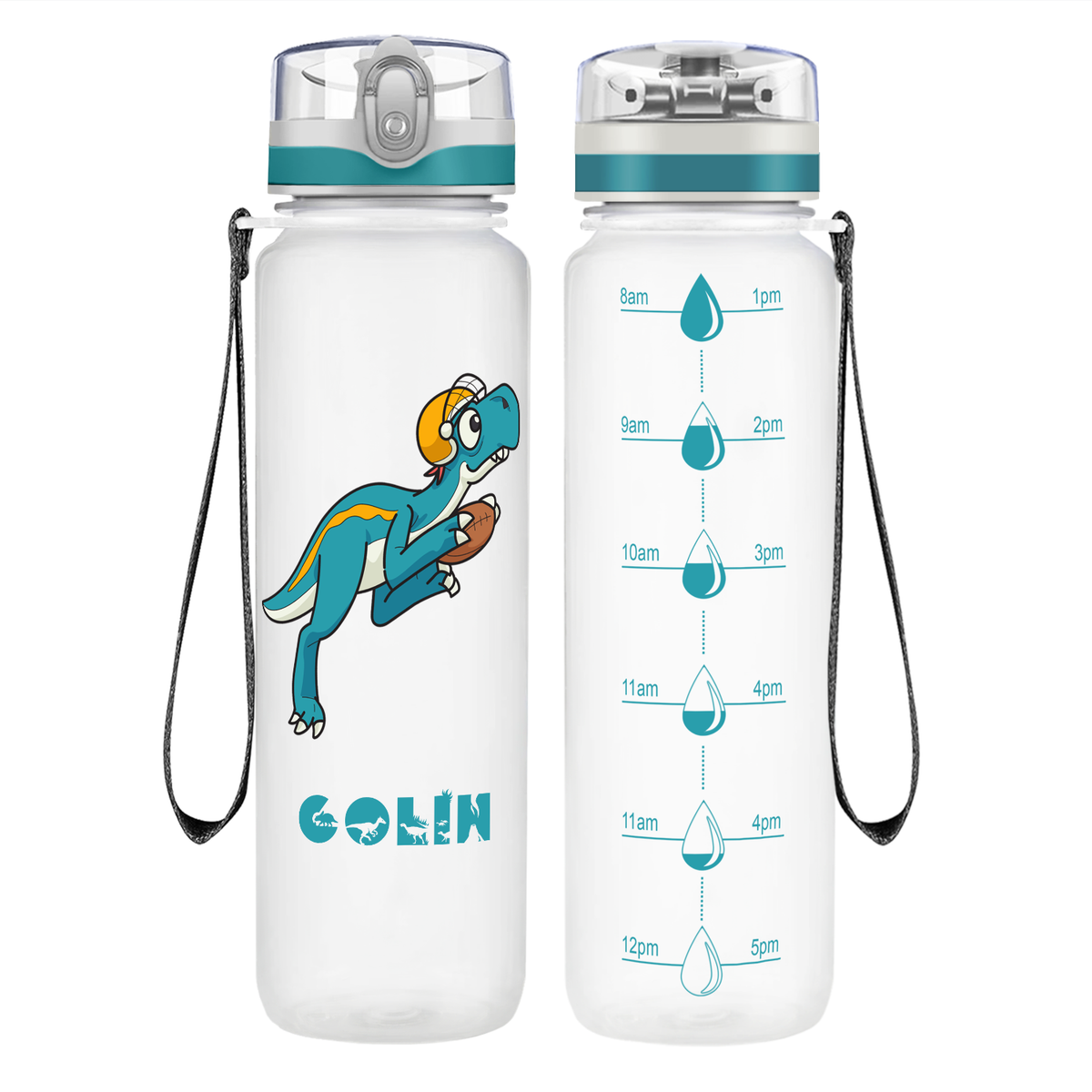 Personalized Football Dinosaur on 32 oz Motivational Tracking Water Bottle