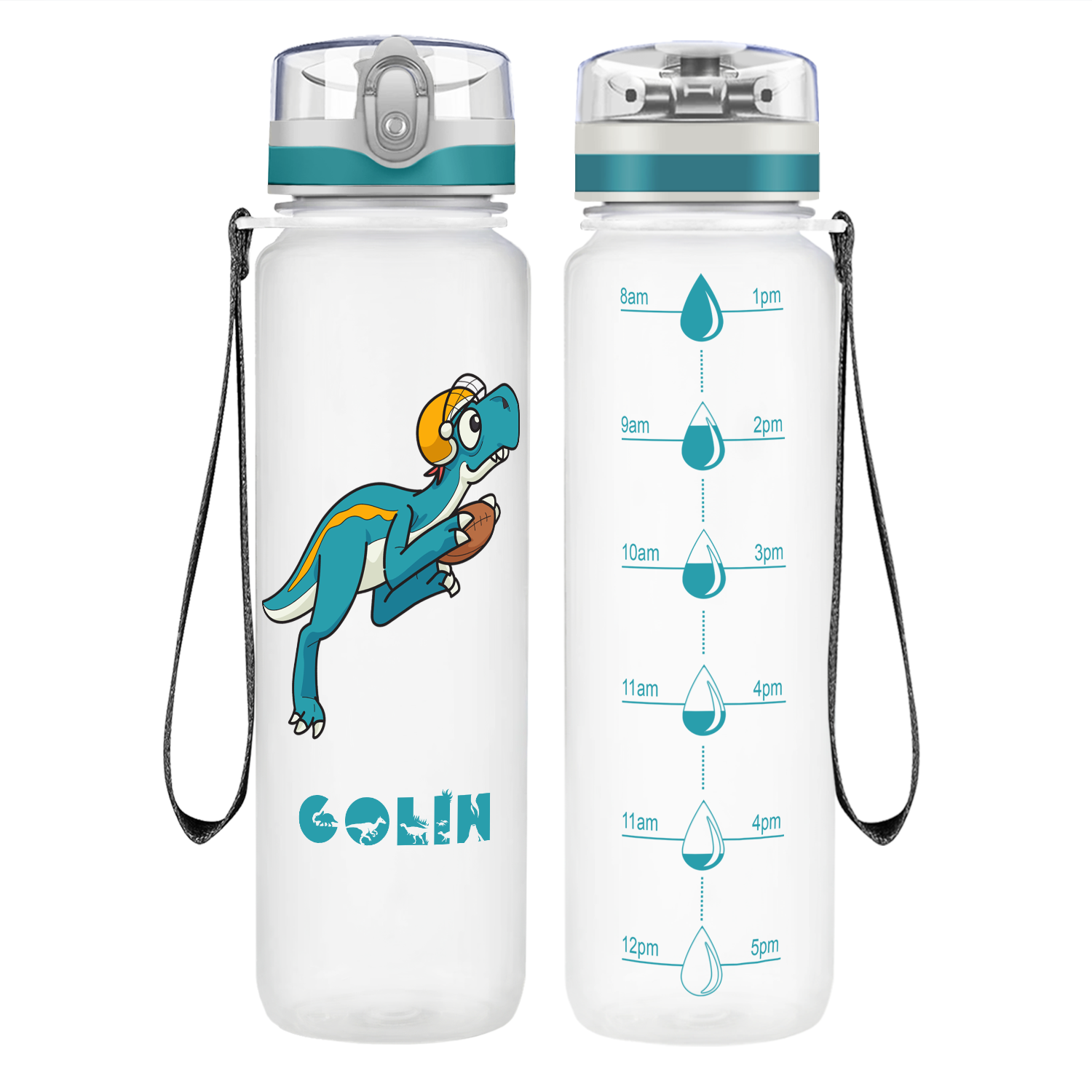 Personalized Football Dinosaur on 32 oz Motivational Tracking Water Bottle