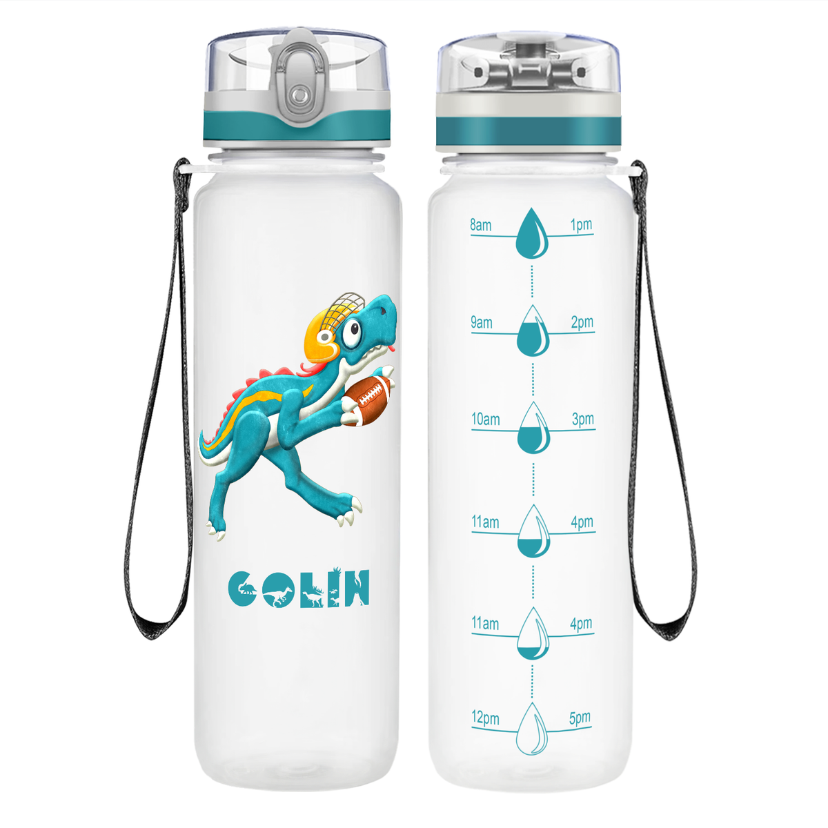Personalized Dinosaur Playing Football on 32 oz Motivational Tracking Water Bottle
