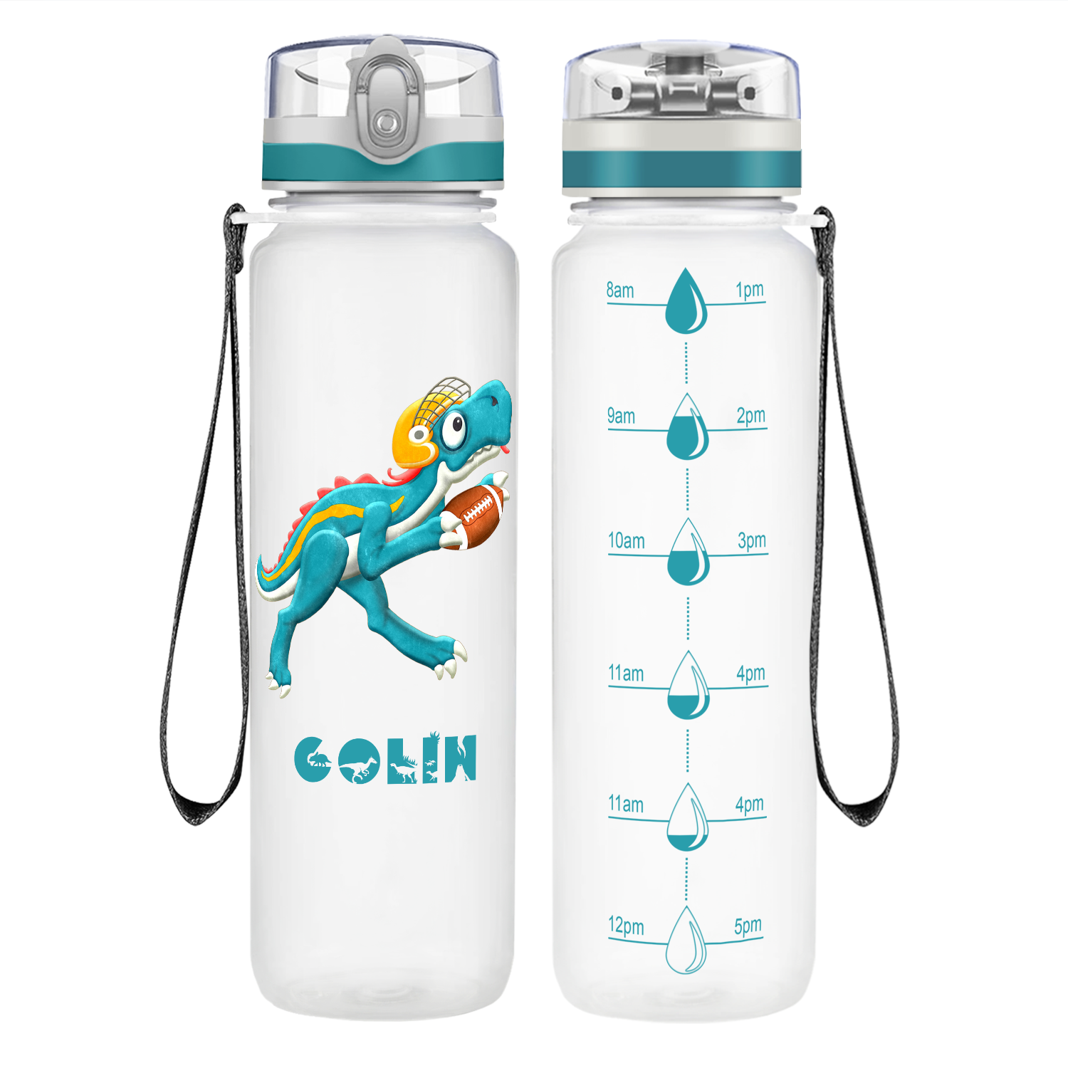 Personalized Dinosaur Playing Football on 32 oz Motivational Tracking Water Bottle