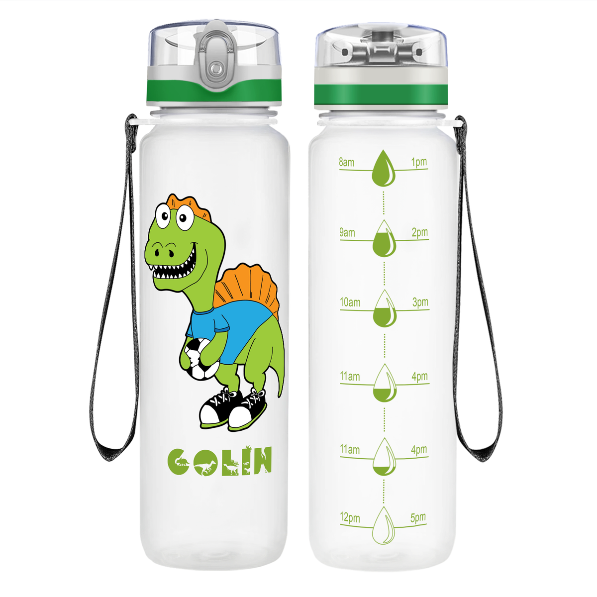 Personalized Soccer Green Dinosaur on 32 oz Motivational Tracking Water Bottle