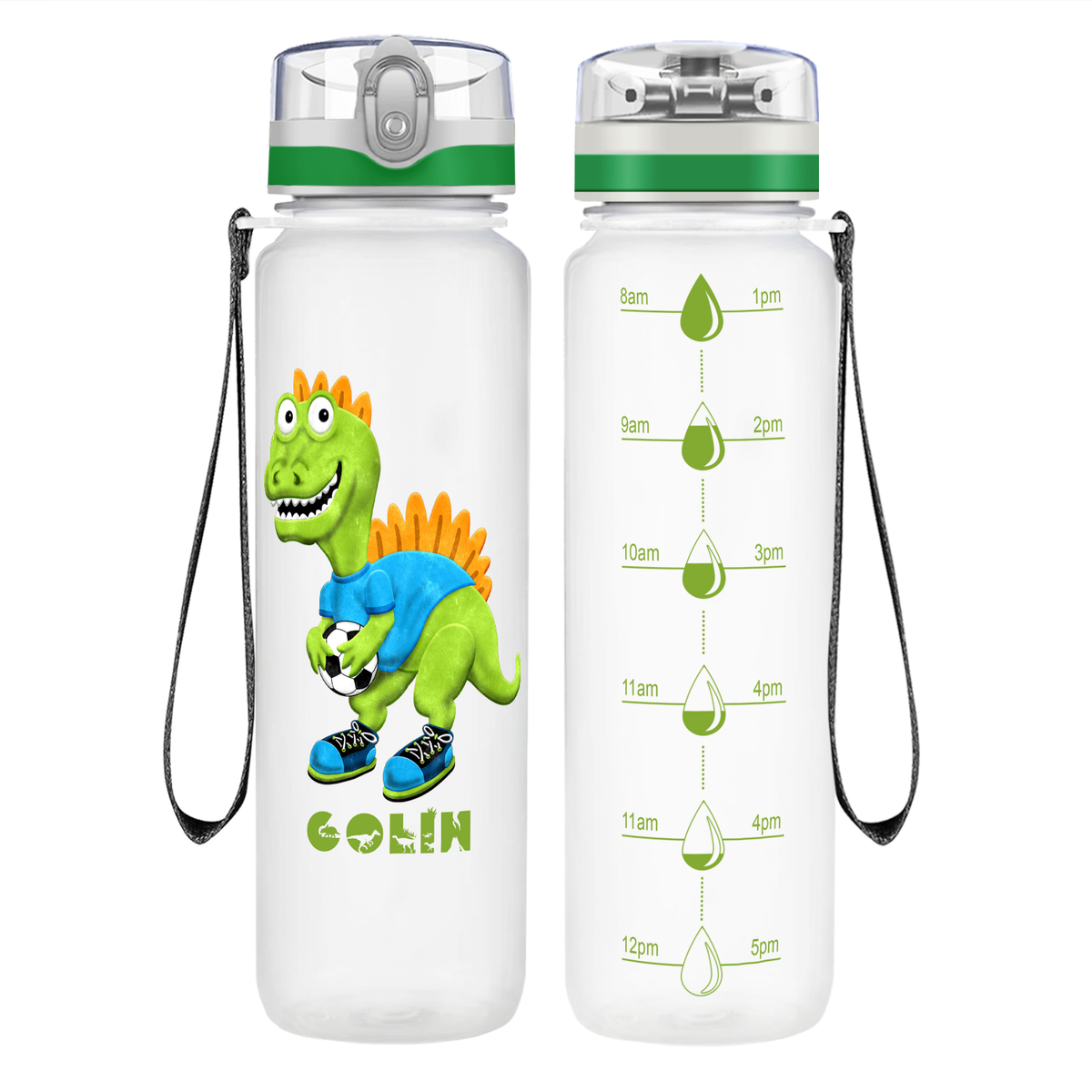 Personalized Green Dinosaur Playing Soccer on 32 oz Motivational Tracking Water Bottle