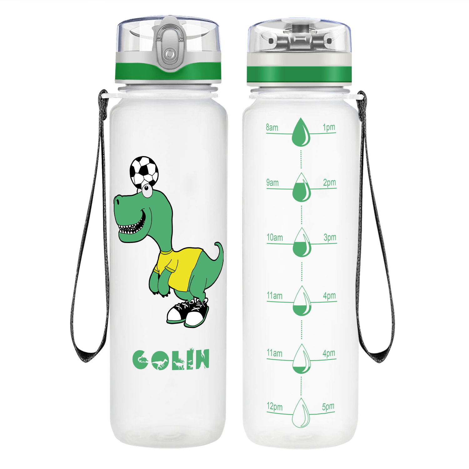 Personalized Soccer Dinosaur on 32 oz Motivational Tracking Water Bottle