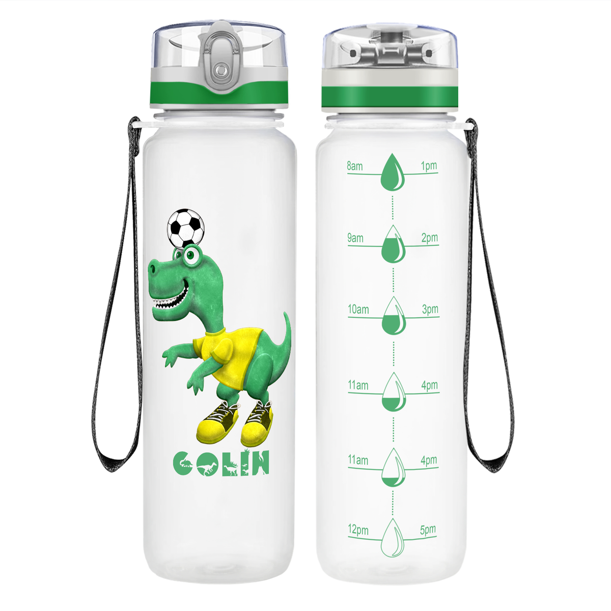 Personalized Dinosaur Playing Soccer on 32 oz Motivational Tracking Water Bottle