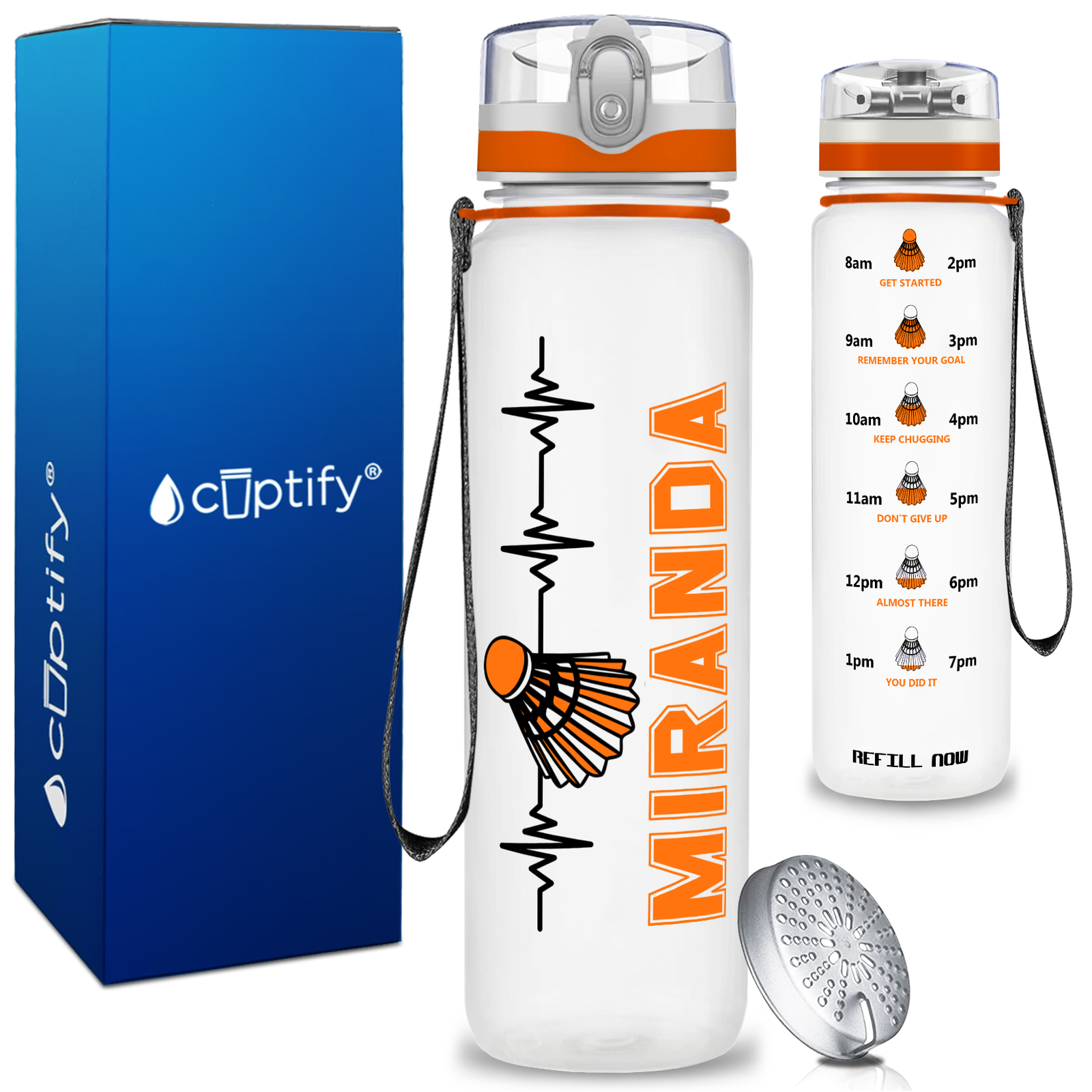 Personalized Badminton Heartbeat on 32 oz Motivational Tracking Water Bottle