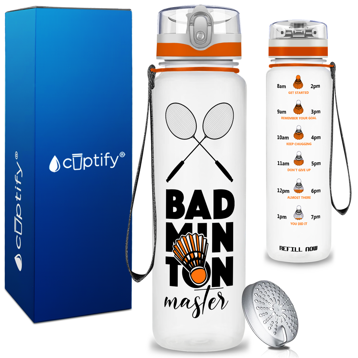 Personalized Badminton Master on 32 oz Motivational Tracking Water Bottle