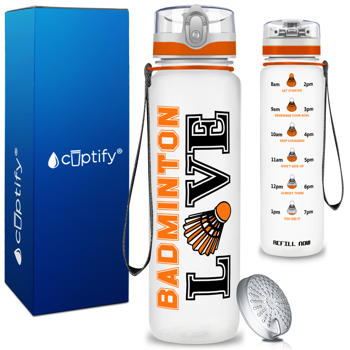 Love Badminton on 32 oz Motivational Tracking Water Bottle