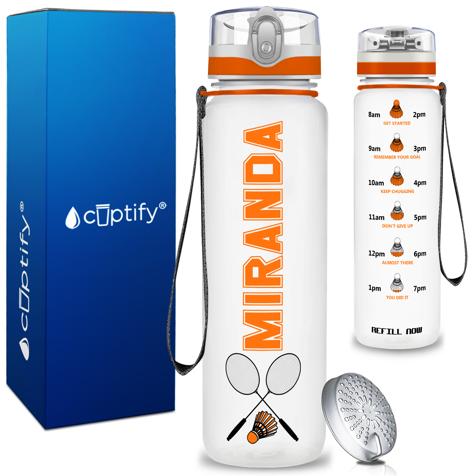 Personalized Badminton Rackets and Shuttlecock on 32 oz Motivational Tracking Water Bottle
