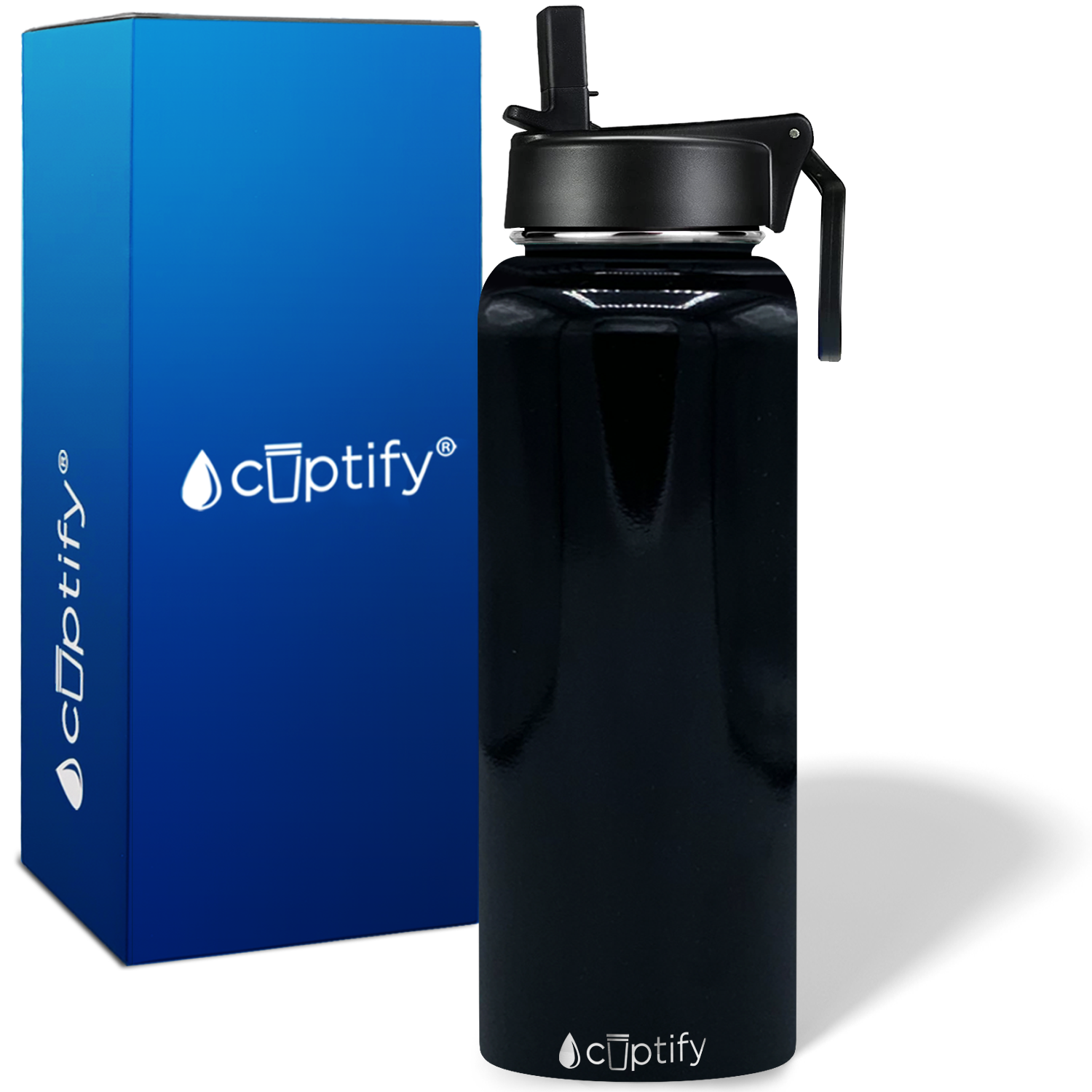 40oz Black Gloss Wide Mouth Water Bottle With Straw Lid