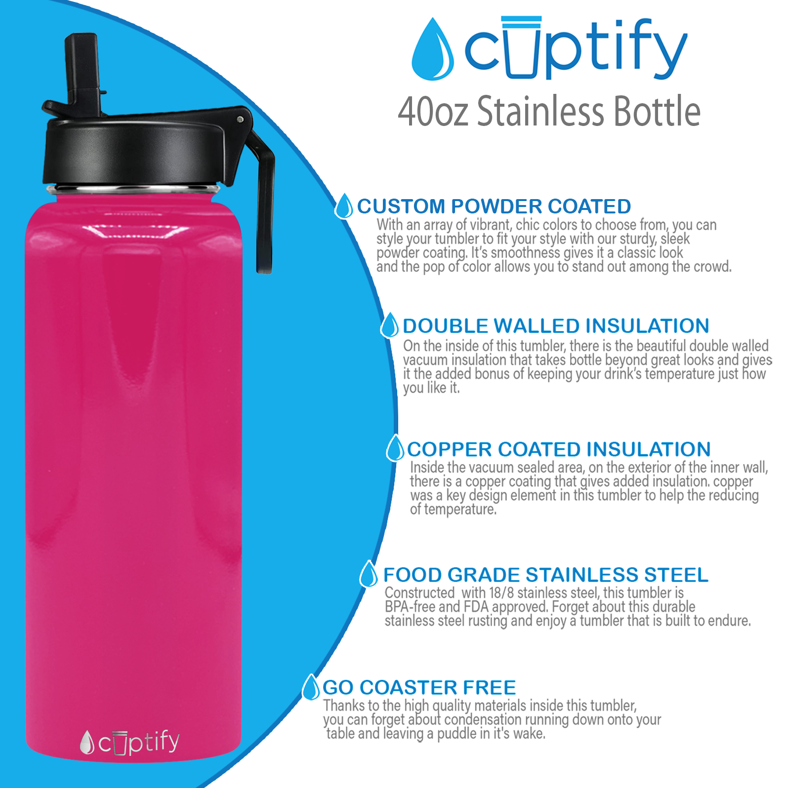 Hot Pink Gloss 40oz Wide Mouth Water Bottle - Cuptify