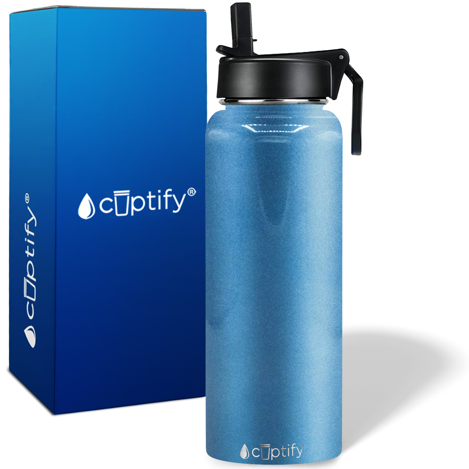 40oz Baby Blue Glitter Wide Mouth Water Bottle With Straw Lid