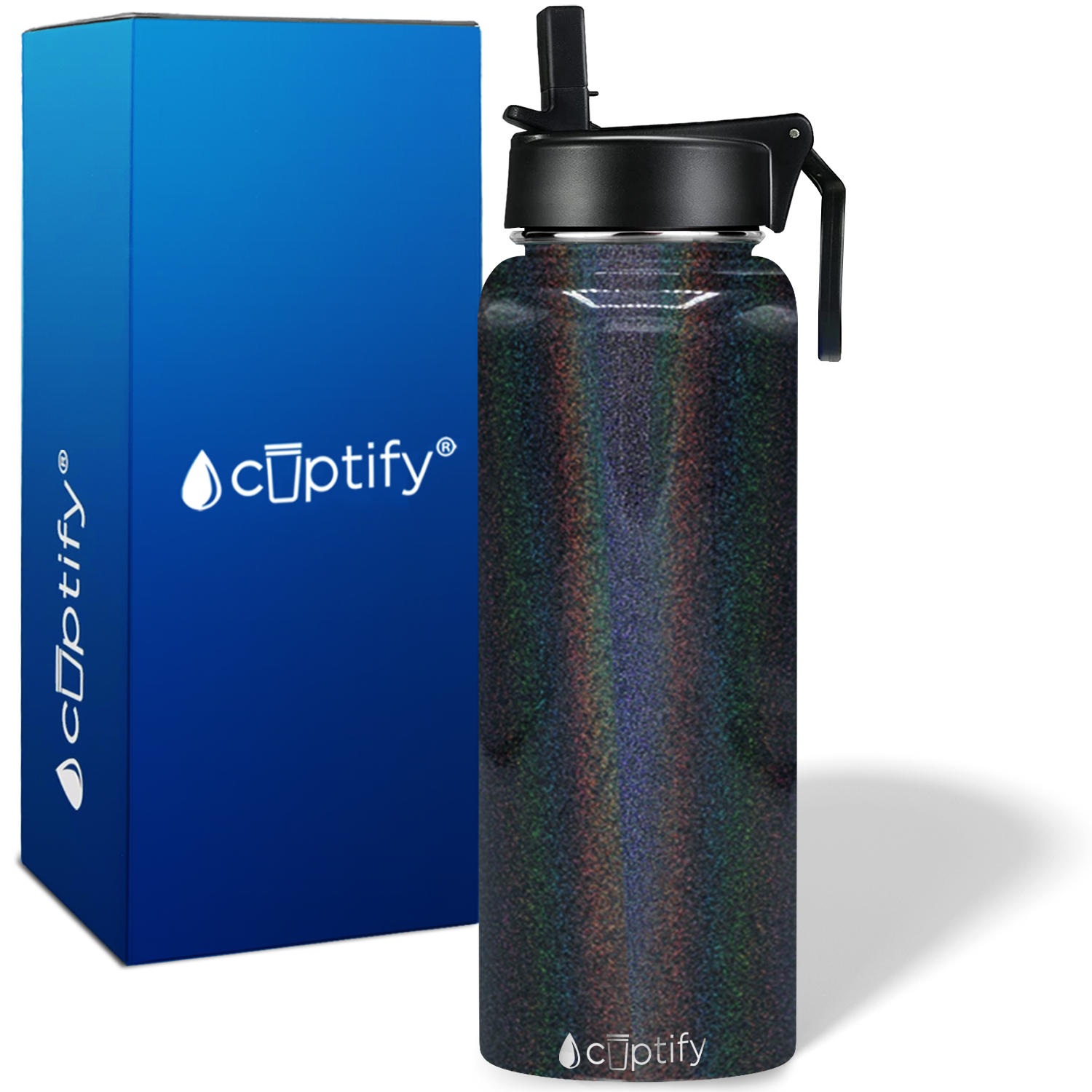 40oz Black Glitter Wide Mouth Water Bottle With Straw Lid
