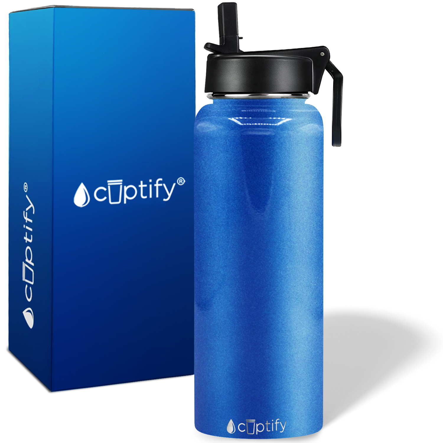 40oz Blue Glitter Wide Mouth Water Bottle With Straw Lid