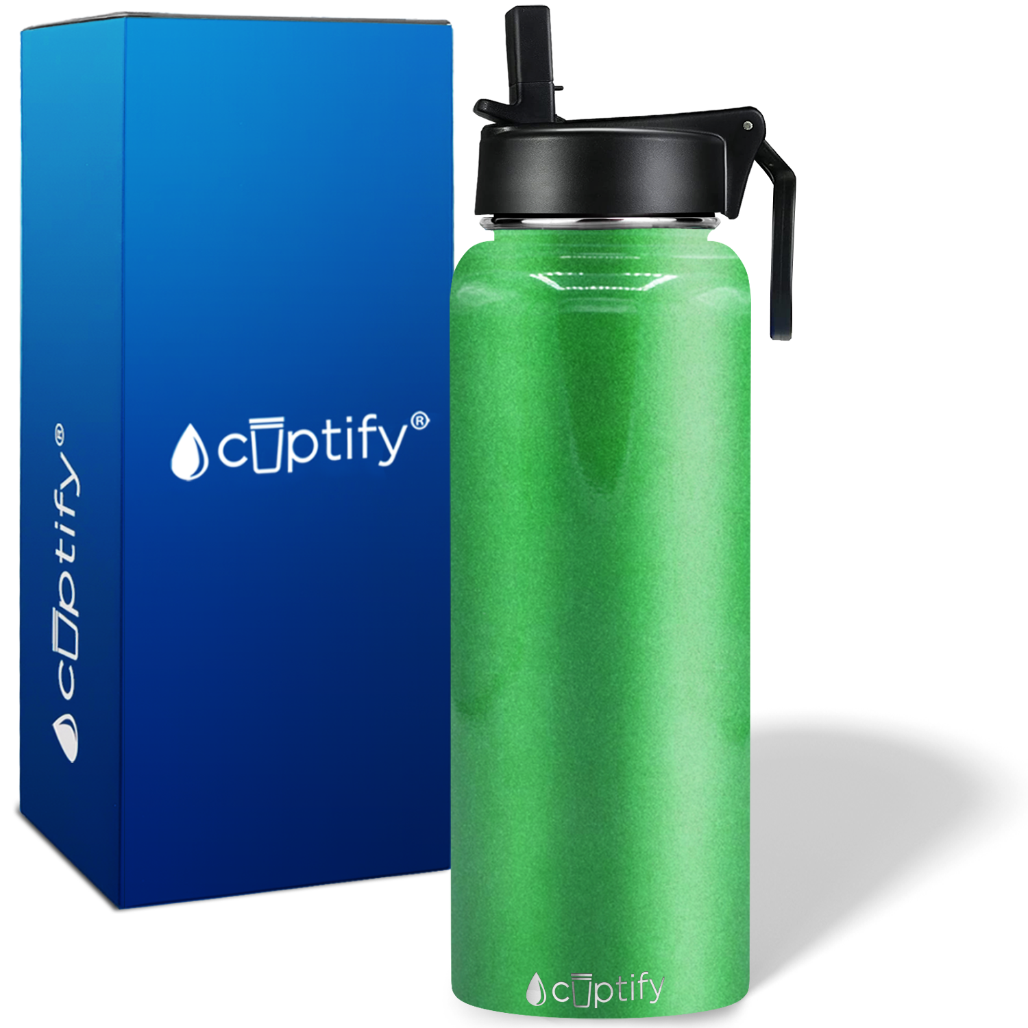 40oz Emerald Green Glitter Wide Mouth Water Bottle With Straw Lid