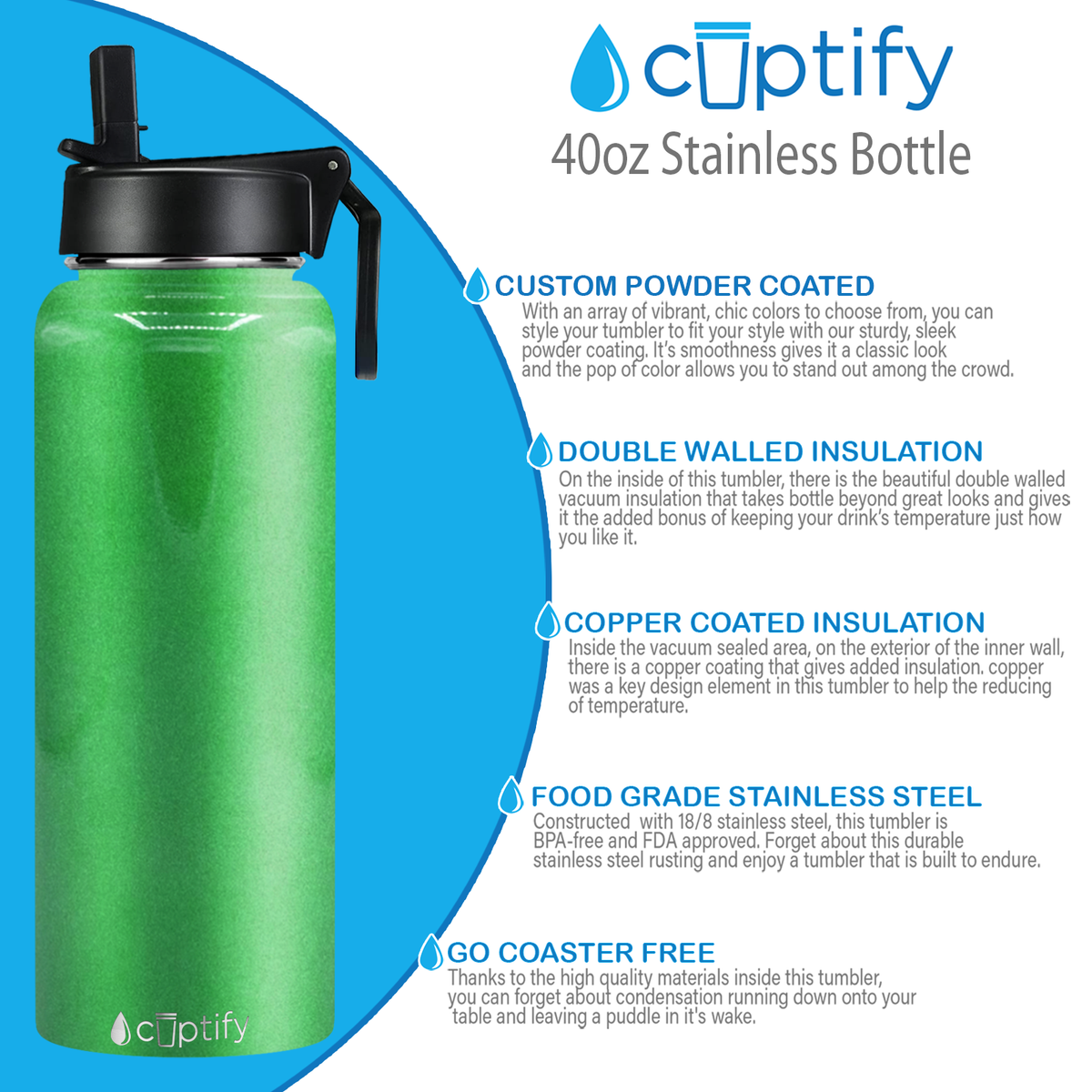 40oz Emerald Green Glitter Wide Mouth Water Bottle With Straw Lid