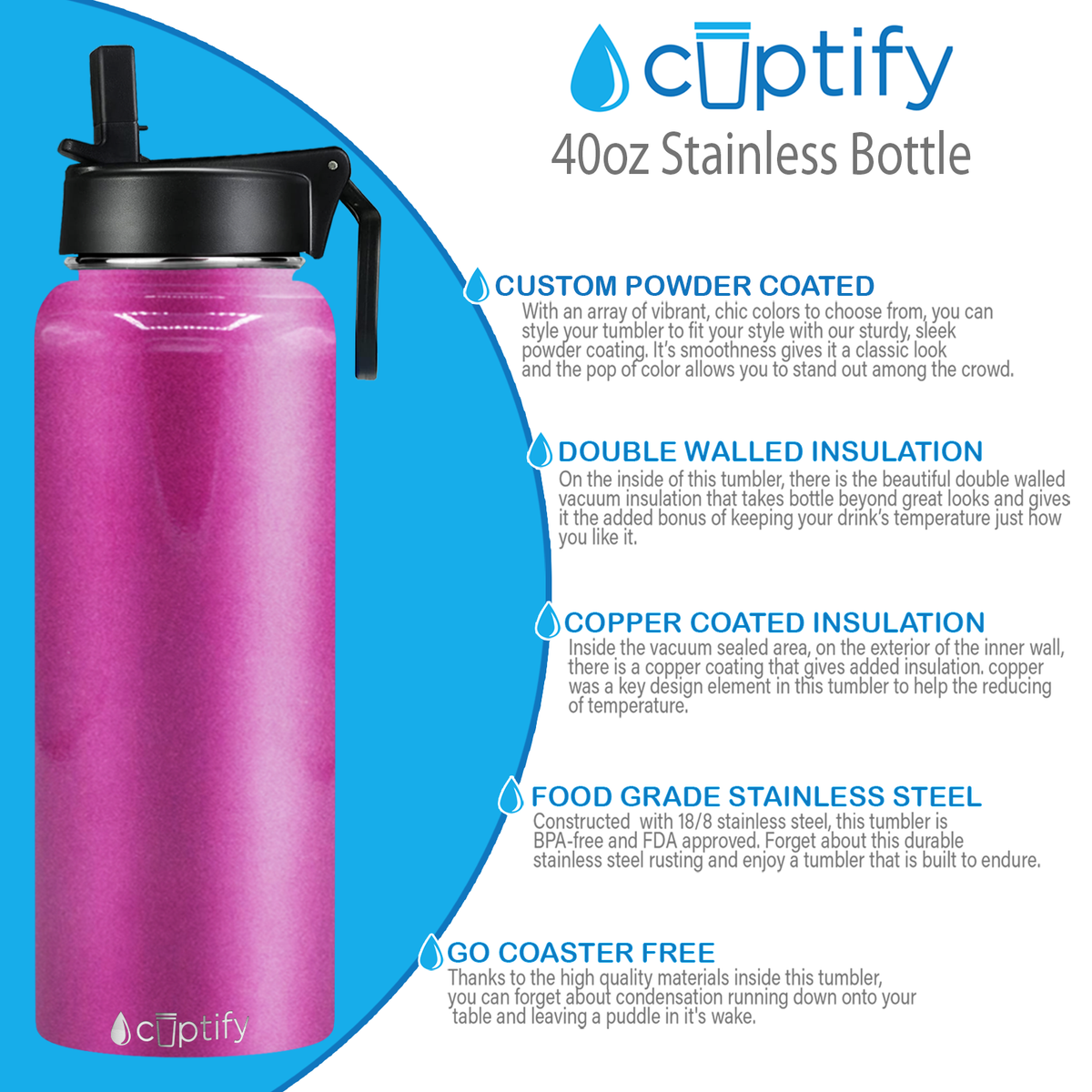 40oz Hot Pink Glitter Wide Mouth Water Bottle With Straw Lid