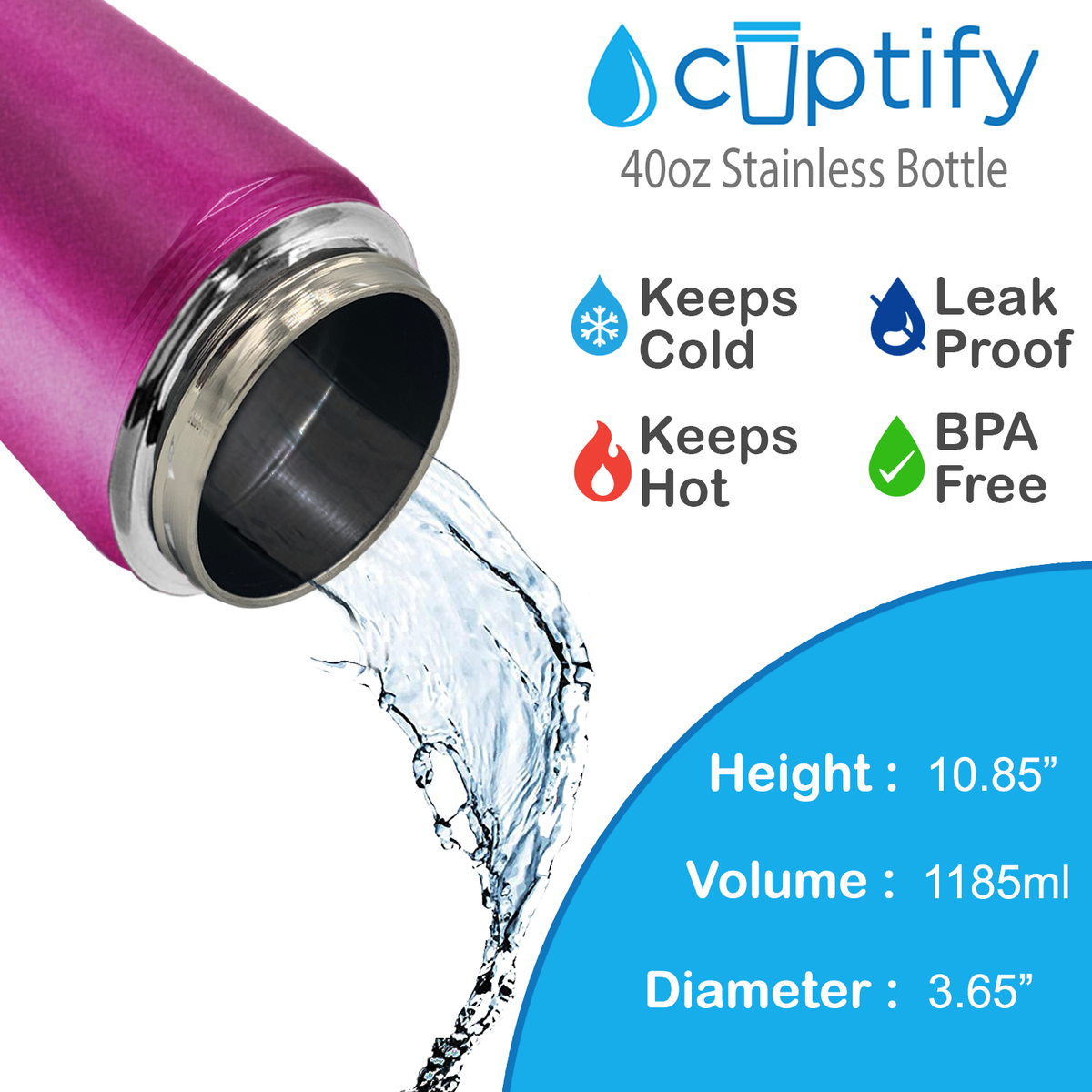 40oz Hot Pink Glitter Wide Mouth Water Bottle With Straw Lid