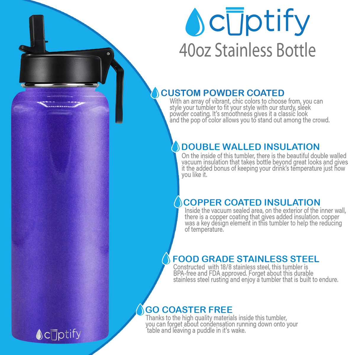 40oz Purple Glitter Wide Mouth Water Bottle With Straw Lid