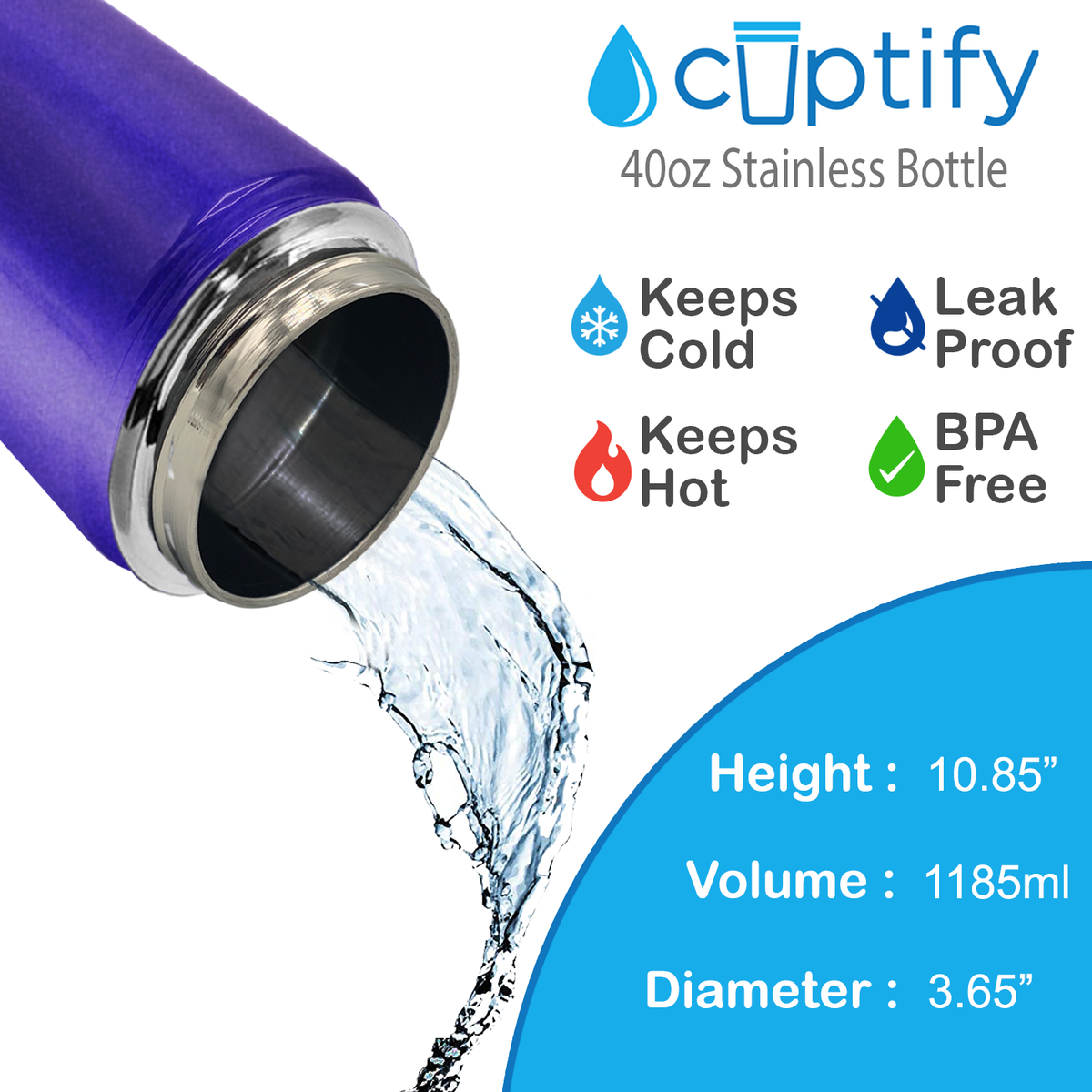 40oz Purple Glitter Wide Mouth Water Bottle With Straw Lid